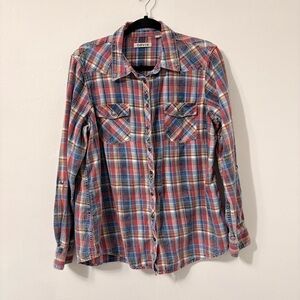 Orvis Washed Indigo 100% Cotton Plaid Button Up Shirt Sz L